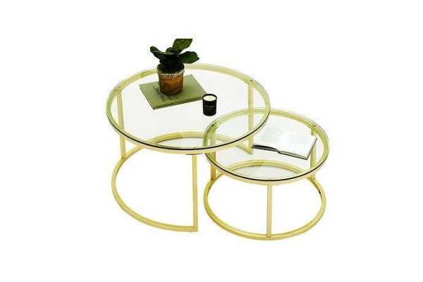  Couchtische 2 Teile Glas Tischplatte Metall goldfarbene Beine Wohnzimmermöbel