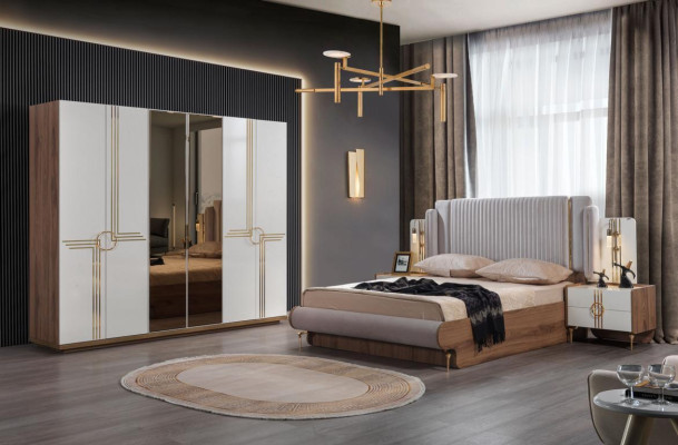 Schlafzimmer Set Bett 2x Nachttisch Kleiderschrank Design Luxus 5tlg Neu