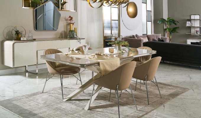 Moderne Essgruppe Holz Esstisch Essecke Beige Esszimmer 7tlg Stühle