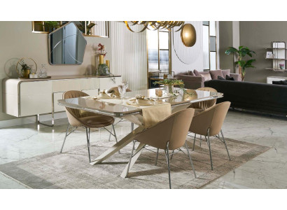 Moderne Essgruppe Holz Esstisch Essecke Beige Esszimmer 7tlg Stühle