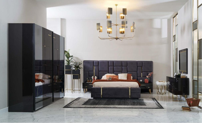 Luxus Doppelbett Bettrahmen Schlafzimmer Holz Set 6tlg Schwarz Design