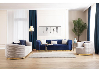 Sofagarnitur Dreisitzer Sessel Edelstahlmöbel Stoffsitzer Blau 3+3+1