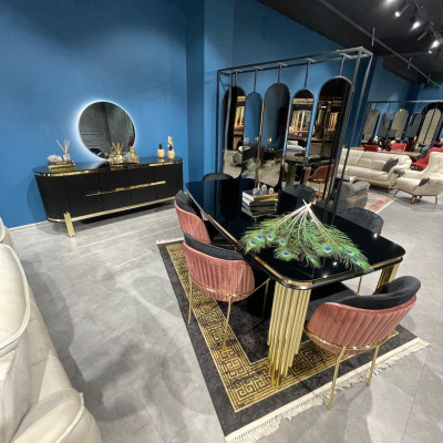 Esszimmer Schwarz Gold Essgarnitur Möbel Essecke Stühle Sideboard 6tlg
