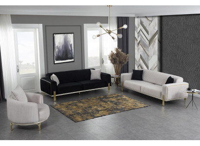 Luxus Sofagarnitur Dreisitzer Moderner Sessel Stoffmöbel Set 3tlg Schwarz 3+3+1
