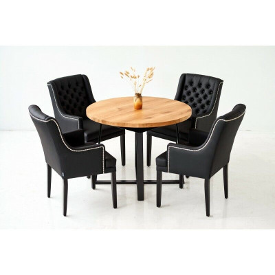 Moderne Esszimmer Möbel Edler Runder Holztisch + x6 Chesterfield Lederstühle 7tlg. Set