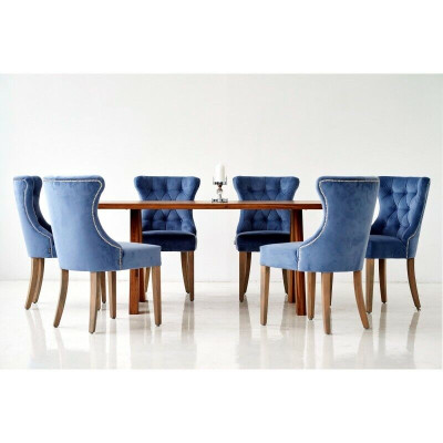Rechteckiger Holztisch Designer x6 Chesterfield Blaue Stühle 7tlg. Essgruppe