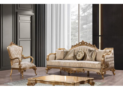 Goldene Couch Klassische Sofagarnitur Polster Möbel 3+1 Couchtisch Stoff