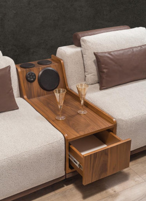 Beiges Wohnzimemr Ecksofa Exklusive L-Form Couch Modernes Holzgestell