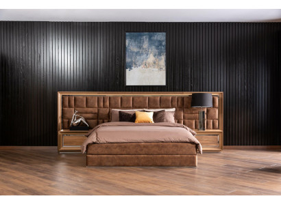 Schlafzimmer Set Bett + Nachttische Luxus Doppel Braun Hotelbetten Betten