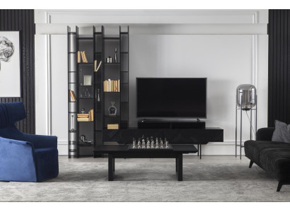 Schwarze Wohnwand Hochwertige Schrank Wände Luxus Anbau Wand Couchtisch 2tlg