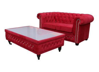 Chesterfield Textil Couch Polster 2 Sitzer Stoff Sofas Couchen Zweisitzer Rot