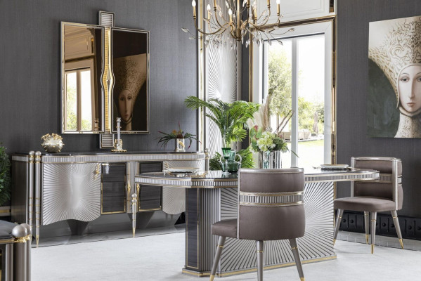 Esszimmer Set Grau Esstisch 4x Stühle Elegantes Anrichte Spiegel 7tlg.