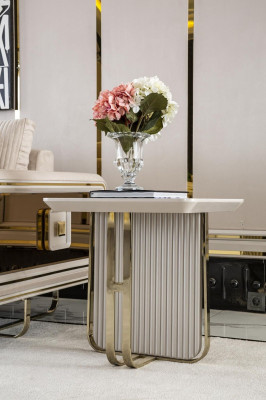 Wohnzimmer Set Beige 2x Sessel Weiß Beistelltisch Elegantes Möbel Neu