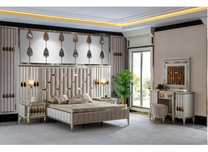 Schlafzimmer Set Beige Bett 2x Nachttische Schminktisch Spiegel Hocker Neu 6tlg.