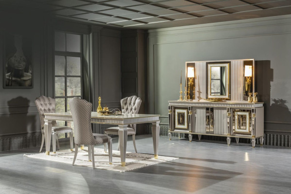 Esszimmer Set Grau 4x Stühle Esstisch Anrichte Spiegel Elegantes Design 7tlg.