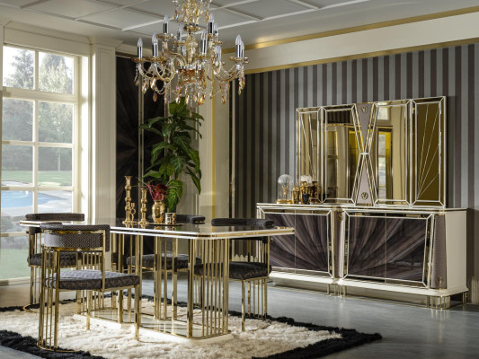 Esszimmer Set Gold 4x Stühle Esstisch Kommode Spiegel Design 7tlg.