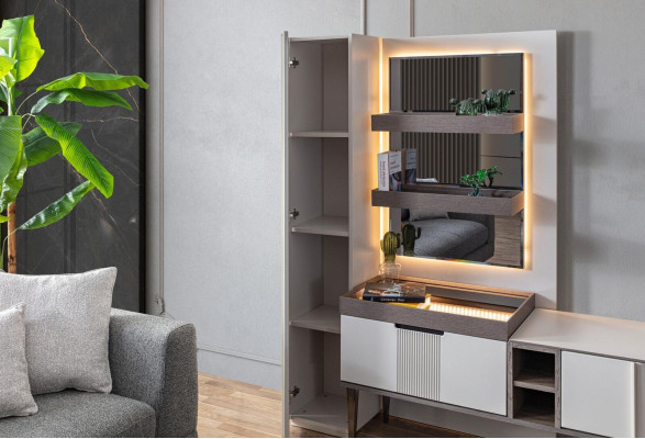 Exklusive Wohnwand Weiße Farbe Designer Möbel für Wohnzimmer LED beleuchtet