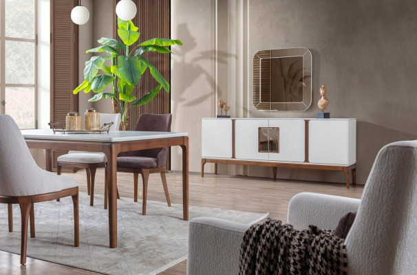 Luxus Esszimmer Set Esstisch 4x Stühle Anrichte Spiegel 7 tlg Modern