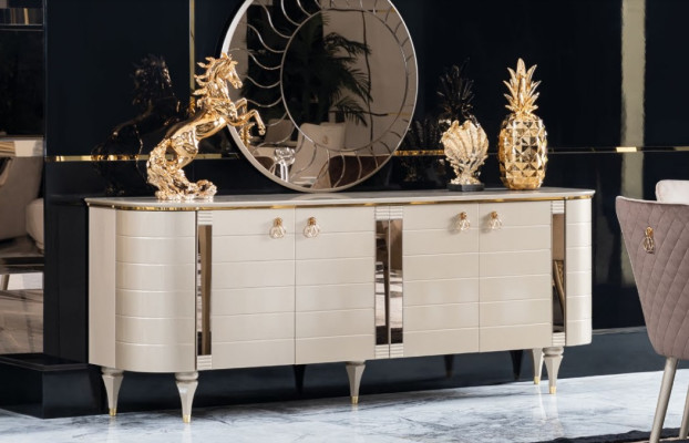 Komplett Esszimmer Kommoden Tisch 6x Stühle Kommode Spiegel Set Garnitur Neu