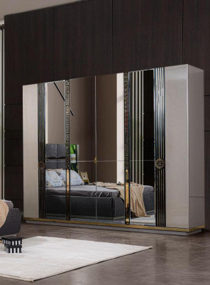 Luxus Kleiderschrank Holzschrank Garderobenschrank mit Spiegel Beige