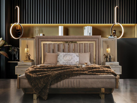 Komplette Schlafzimmermöbel Doppelbett Bett Nachttische Beige 4tlg