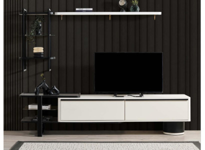 Wohnzimmer RTV Lowboard TV Ständer Schrank Holz Weiß Regale Wohnwand