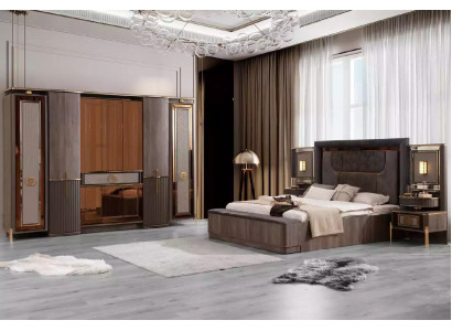 Komplette Doppelbett Schlafzimmer Schrank Bett Set 5tlg Grau Stoff