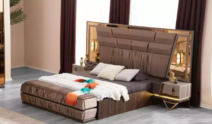 Doppelbett Modern Schlafzimmer Garnitur Luxus Gold Bett Set 4tlg Beige