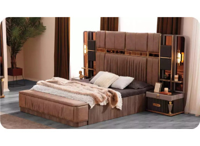 Schlafzimmer Garnitur Luxus Doppelbett Bettkasten Bett Set 3tlg Beige