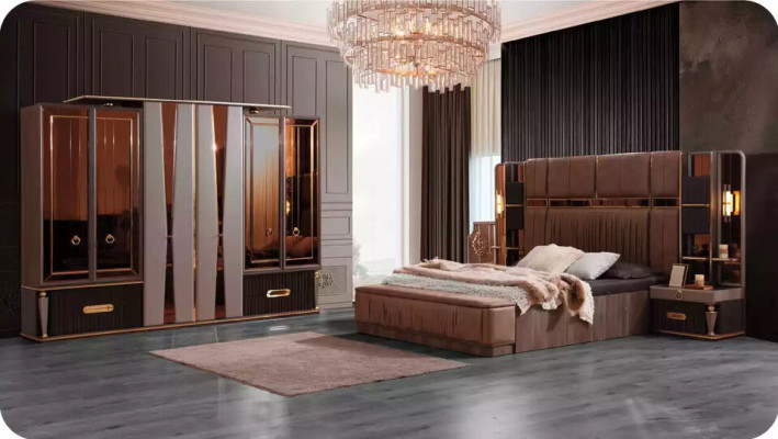 Schlafzimmer Garnitur Luxus Doppelbett Bettkasten Bett Set 3tlg Beige