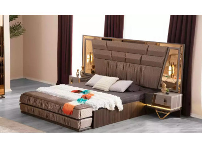 Schlafzimmer Gruppe Bett Set 3tlg Doppelbett Beige Stoff Nachttische
