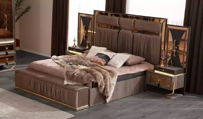 Komplettes Set Bett Beige 7tlg Schlafzimmer Doppelbett Stoff Nachttische