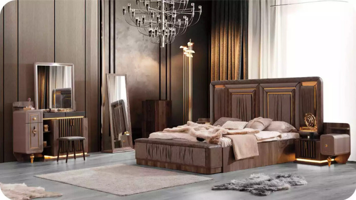 Luxus Garnitur Doppelbett Set 6tlg Beige Stoff Bett Bettkasten Schlafzimmer