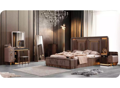 Luxus Garnitur Doppelbett Set 6tlg Beige Stoff Bett Bettkasten Schlafzimmer