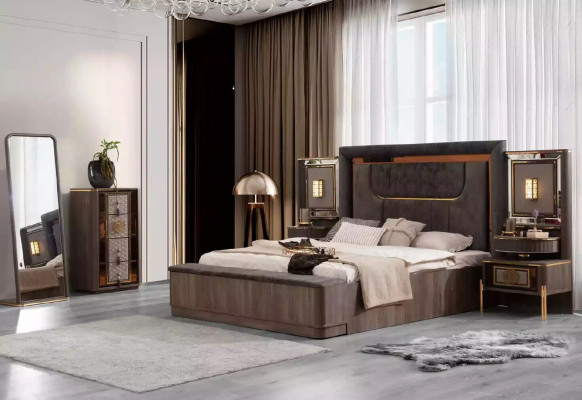 Grau Garnitur Doppelbett Set 6tlg Bett Schlafzimmer Stoff Kommode Neu