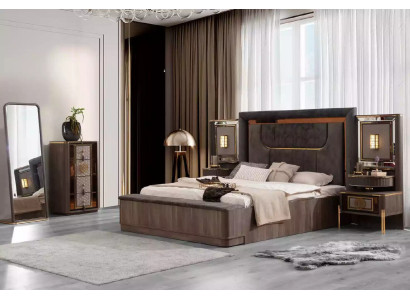 Grau Garnitur Doppelbett Set 6tlg Bett Schlafzimmer Stoff Kommode Neu