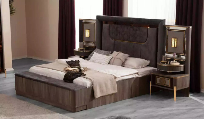 Grau Garnitur Doppelbett Set 6tlg Bett Schlafzimmer Stoff Kommode Neu