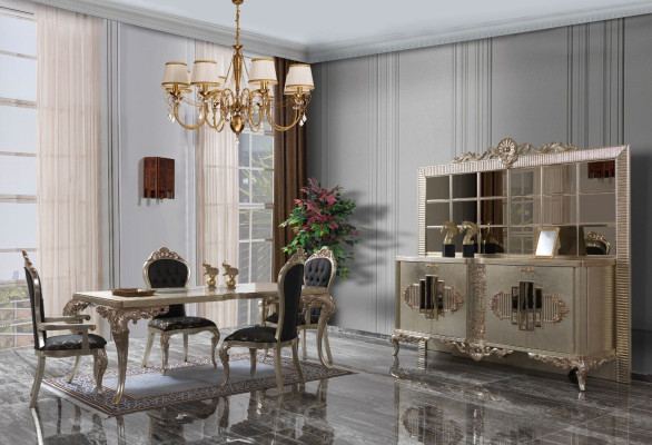 Luxus Essgruppe Sideboard Esszimmer Esstisch Stühle Holz 10tlg Beige