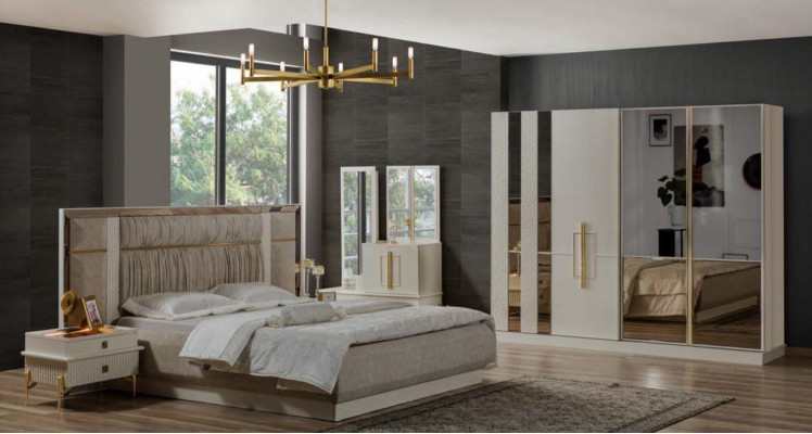 Doppelbett Schlafzimmer Garnitur Holz Beige Stoff Nachttische Set 4tlg