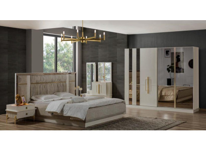 Doppelbett Schlafzimmer Garnitur Holz Beige Stoff Nachttische Set 4tlg