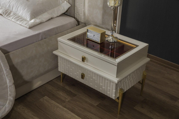 Doppelbett Schlafzimmer Garnitur Holz Beige Stoff Nachttische Set 4tlg