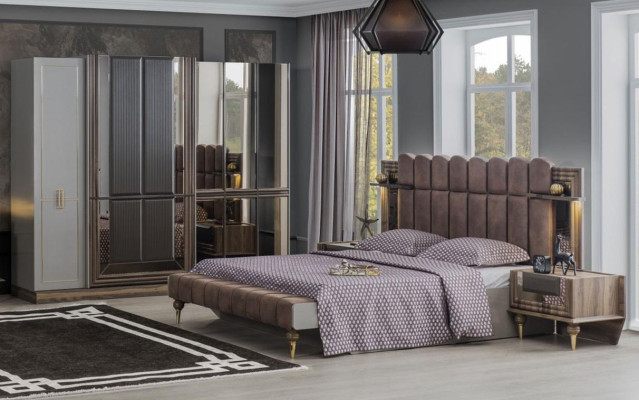 Schlafzimmer Garnitur Luxus Doppelbett Holz Braun Stoff Bett Set 4tlg