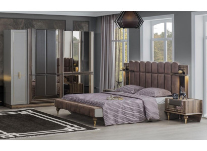 Schlafzimmer Garnitur Luxus Doppelbett Holz Braun Stoff Bett Set 4tlg
