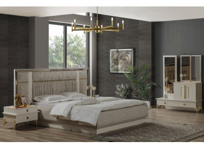 Schlafzimmer Doppelbett Garnitur Holz Beige Stoff Nachttische Set 3tlg
