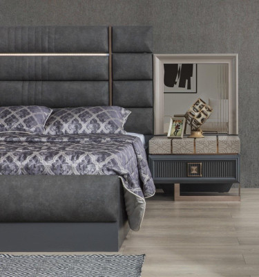 Schlafzimmer Doppelbett Grau Garnitur Set 4tlg Modern Bett Nachttische