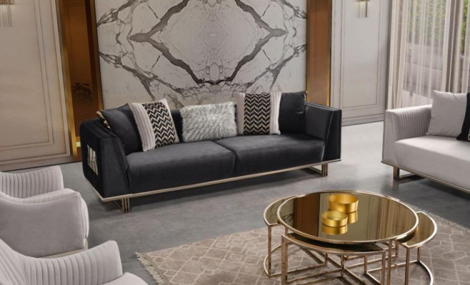 Couchgarnitur Sofagarnitur Dreisitzer Sessel Grau Stoffsofa Set 4tlg