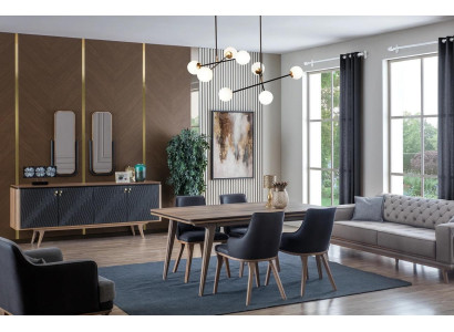 Luxus Esszimmer Set Esstisch + 4x Stühle + Anrichte mit 2x Spiegel Neu