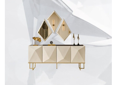 Garnitur Sideboard mit Spiegel Schrank Anrichte Beige Kommode Holz Set