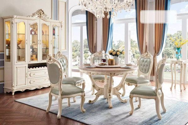 Perlweiß Esszimmer Set Esstisch 6x Stühle Vitrine 8tlg Luxus-Set