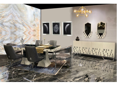 Esszimmer Set Luxus Design Esstische 4x Stühle Kommode mit Spiegel Neu